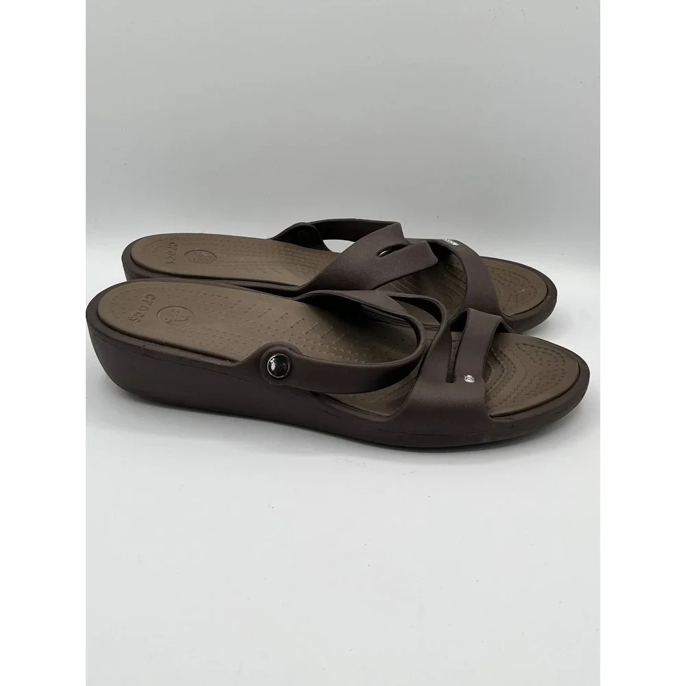 Crocs Patricia Women Sz 9 Espresso Brown Wedge Strappy Comfort Sandals